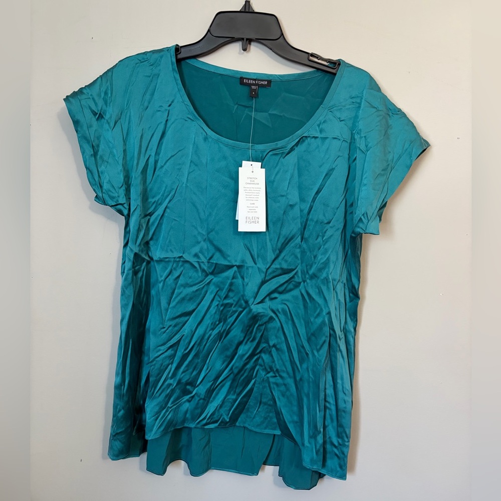 NWT Eileen Fisher Stretch Silk Charmeuse Lagoon Scoop Neck Top Size S